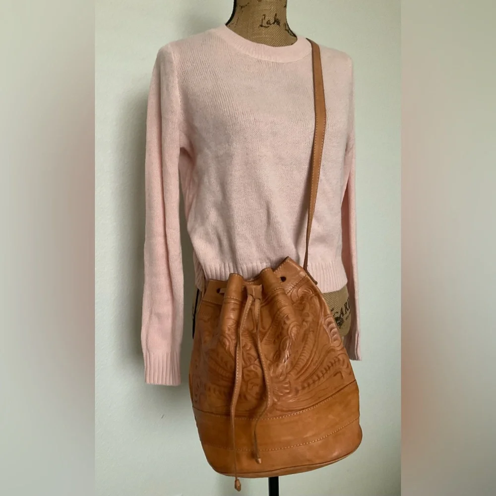 Tan Leather Bucket Bag with Embossed Detail